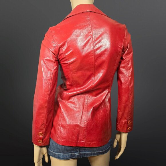 Vintage 90s Red Leather Jacket Blazer Dagger Collar Fitted Womens Size XS - Picture 7 of 9